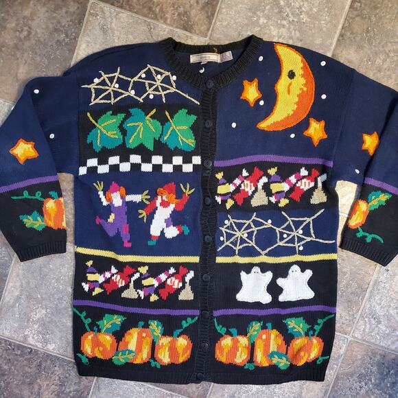 Vintage 80s Black Halloween Maximalist Embroidered Cardigan Sweater Kitschy - Picture 2 of 10